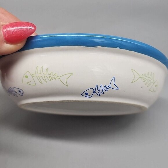 Vintage Cat Food Bowl Blue Mouse Fish Ceramic Unbranded - Picture 2 of 6